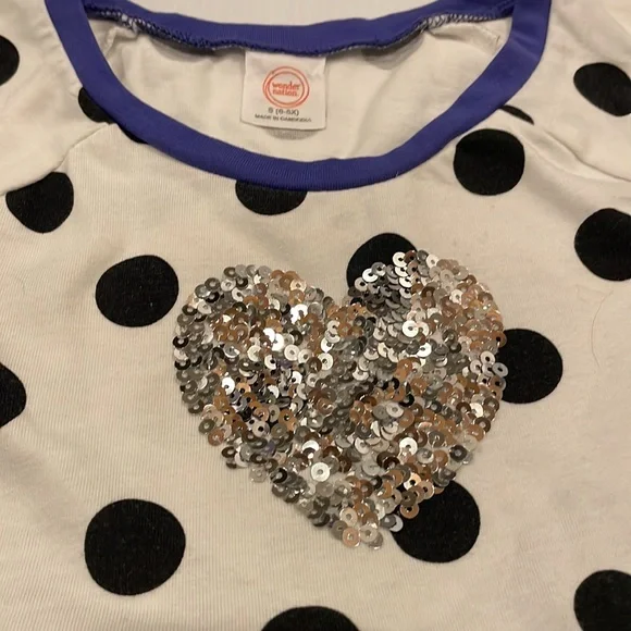 Sequined heart, off white polka dot dress, purple/blue tool bottom. Size small - Picture 2 of 6